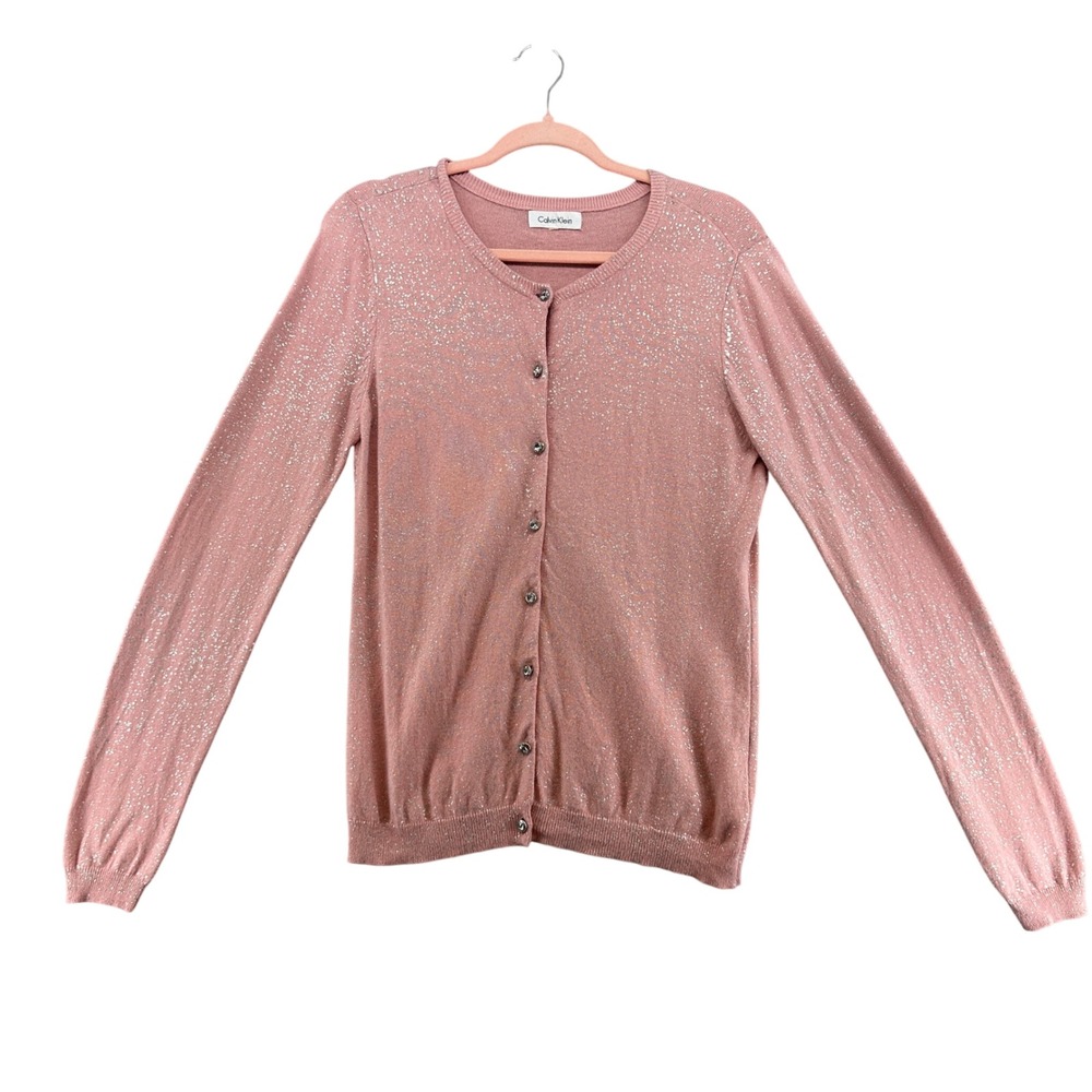 Calvin Klein Cardigan Pink Silver Flecks Clear Jewel Buttons Preppy size removed